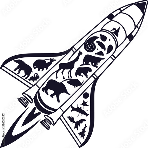 Isometric spaceship silhouette in black fill