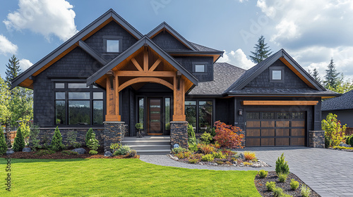 Modern craftsman style house with dark exterior, wooden accents, stone pillars, and well maintained green lawn under partly cloudy sky creating inviting curb appeal