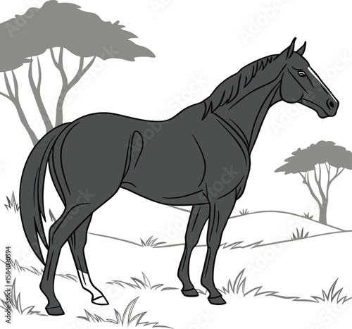 Realistic horse side view silhouette in black