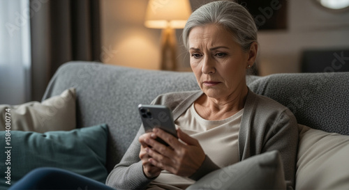 Unhappy older woman sitting on a sofa holding a smartphone is feeling frustrated and worried.