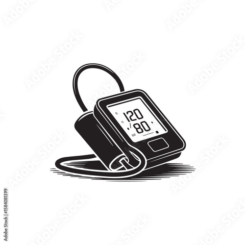 A black and white illustration of a digital blood pressure monitor showing a reading of 12080, isolated on a white background