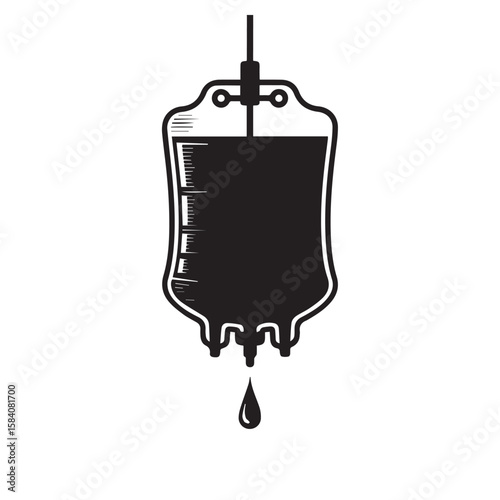 A black and white silhouette icon of an intravenous iv bag with fluid dripping, symbolizing medical treatment and care, isolated on a white background