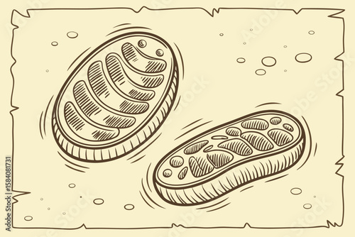 Hand-drawn vintage mitochondria illustration, ink style, classic scientific sketch on aged paper background.

