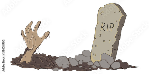 Zombie Hand Rising from Grave with RIP Tombstone – Halloween Horror Illustration