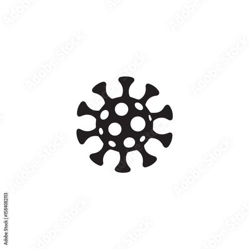 A black icon of a virus or microbe with spikes and circular patterns, isolated on a white background