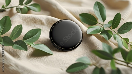 mockup of a black round badge pin lying on textured beige linen fabric