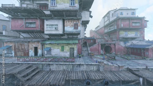 view of old chinatown without people 3d animation