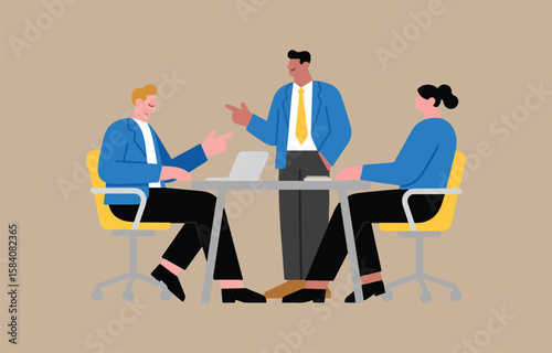 Diverse business professionals collaborate around a table with a laptop during a meeting