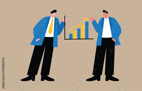 Two businessmen in suits discuss a rising bar graph with an upward trending arrow
