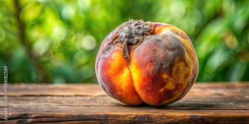 A spoiled peach rests on weathered wood, showcasing the natural decomposition process of fruit against a soft-focus verdant backdrop