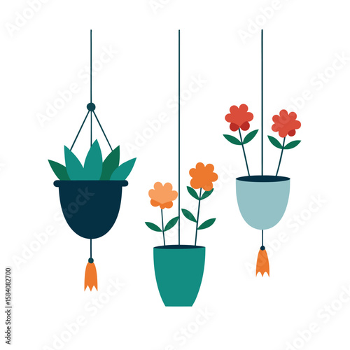 Stylized Hanging Macrame Planters With Flowers