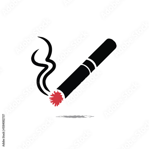 A black silhouette of a lit cigarette with red glowing tip and wisps of smoke, isolated on white