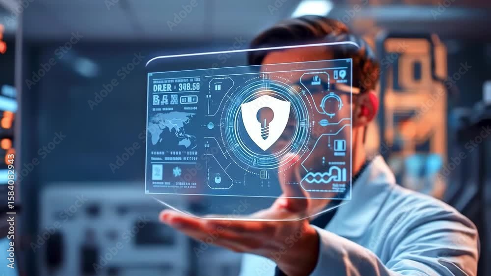 Scientist analyzing cybersecurity data with holographic display in a high-tech laboratory environment
