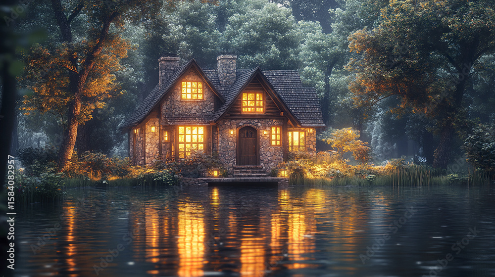 Obraz premium Cozy stone house with warm glowing windows by calm lake surrounded by lush forest trees, creating peaceful and inviting atmosphere in evening light