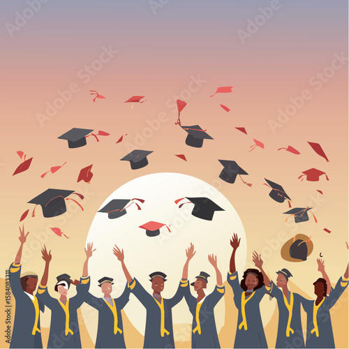Graduation celebration vector with student tossing cap into the sky. Silhouette illustration with sunset background symbolizing success, freedom, and academic achievement.