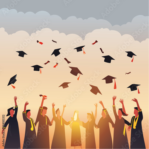 Graduation celebration vector with student tossing cap into the sky. Silhouette illustration with sunset background symbolizing success, freedom, and academic achievement.