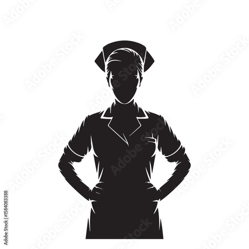 A confident nurse stands with hands on hips, wearing a traditional uniform and cap, representing healthcare professionals