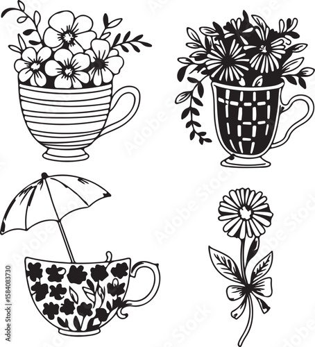  Floral Teacup Illustrations with Blooming Flowers and Elegant Leaves – Hand-Drawn Vintage Botanical Teaware Designs
