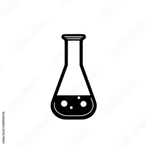 Flat vector icon of a laboratory chemistry flask with liquid and bubbles representing scientific experiments and research