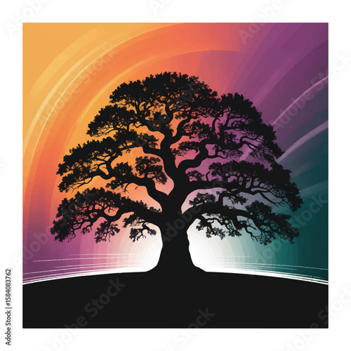 A majestic ancient oak tree silhouette stands tall against a vibrant, swirling spectrum of colorful light rays, symbolizing life and growth