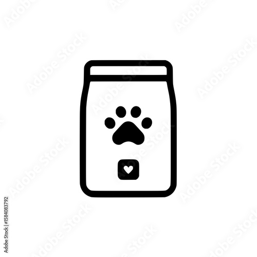 Black outline icon of pet food bag with paw symbol representing animal nutrition or pet supply packaging