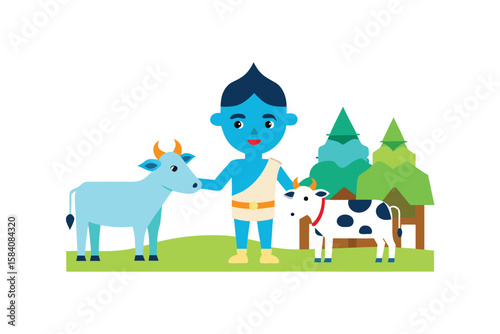 Krishna With Cows In A Village Scene Joyful Illustration