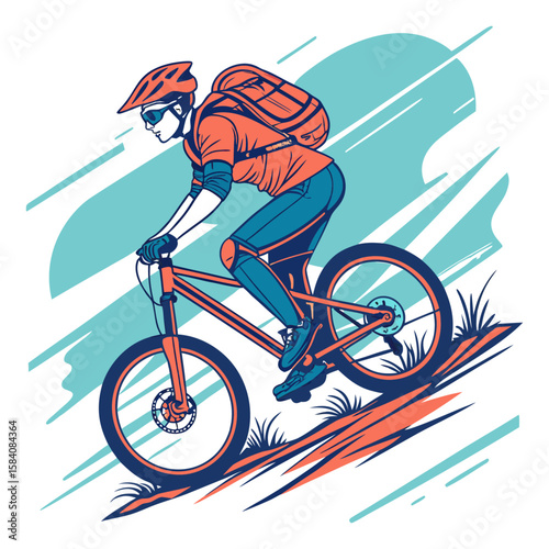 Mountain Biker Riding Bicycle Illustration Outdoor Adventure Sport Cycling Athlete Art Trail Bike Poster Fitness Event Promotion