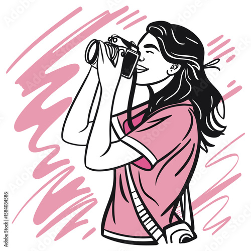 Woman Photographer Illustration Girl Taking Picture with Camera Artistic Pose Stylish Portrait Female Travel Art Design Clipart