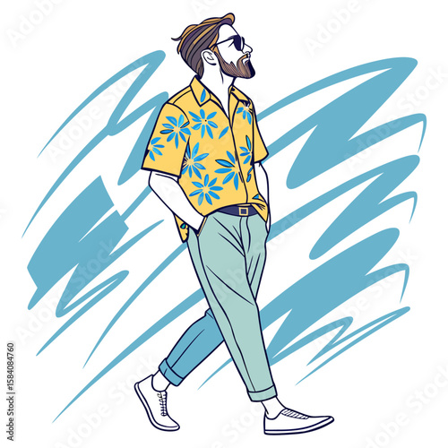 Trendy Young Man Walking in Summer Shirt Cool Male Fashion Illustration Hipster Style Casual Outfit Modern Vector Art Design