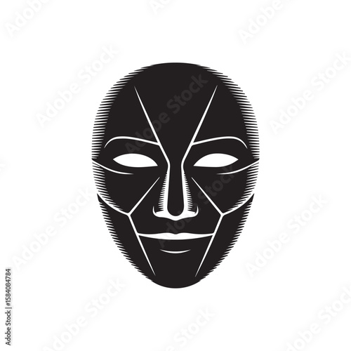 A striking black and white graphic of a stylized, geometric mask with sharp lines and glowing eyes, isolated on a white background