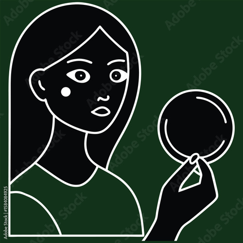 Female hand holding small mirror with reflection of sad woman's face with natural make up over dark green background