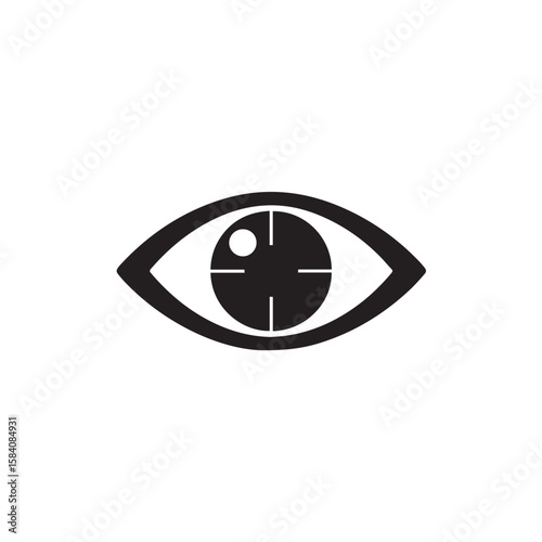 A stylized black and white graphic of an eye, representing vision and sight