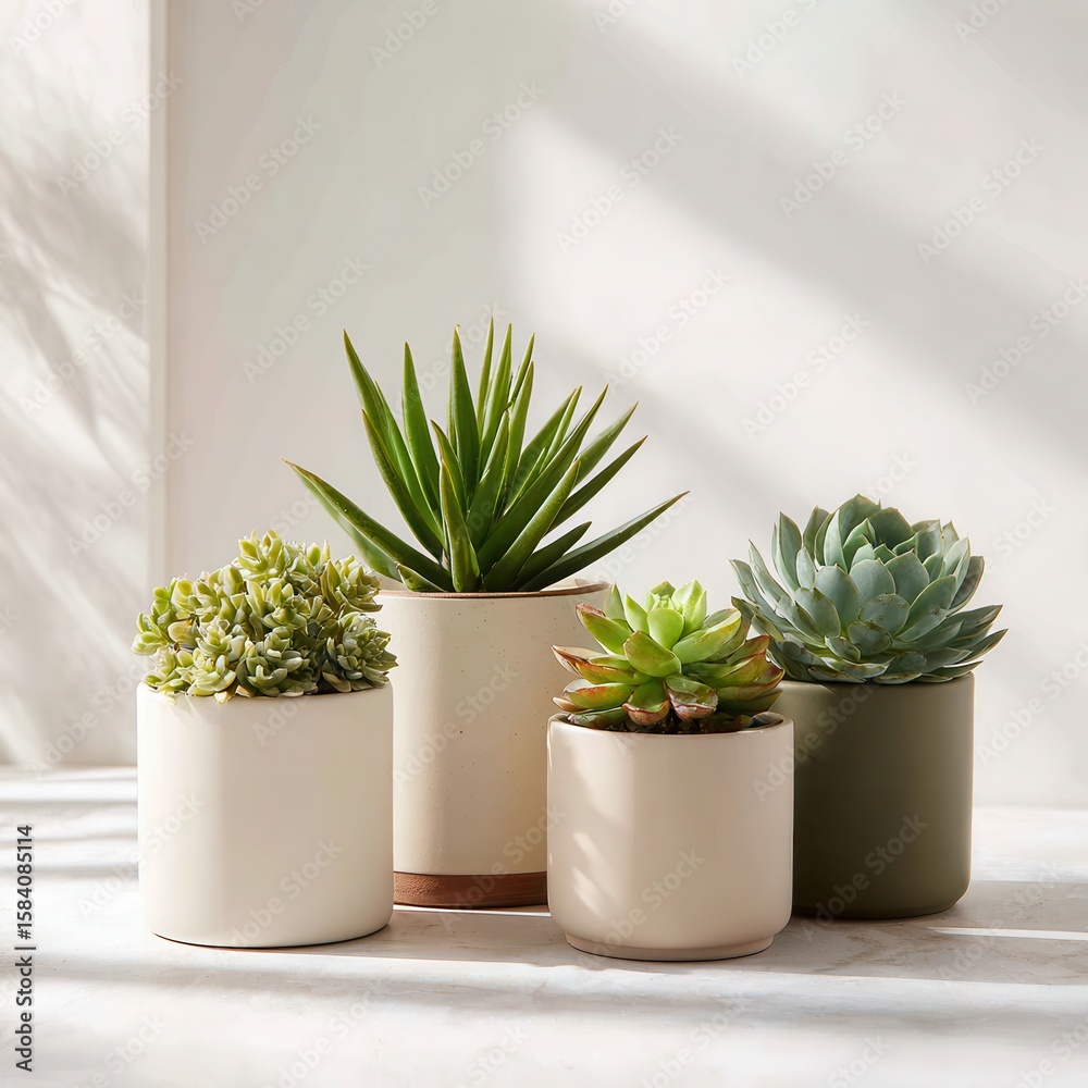 Obraz premium Four Potted Succulents Against a White Background