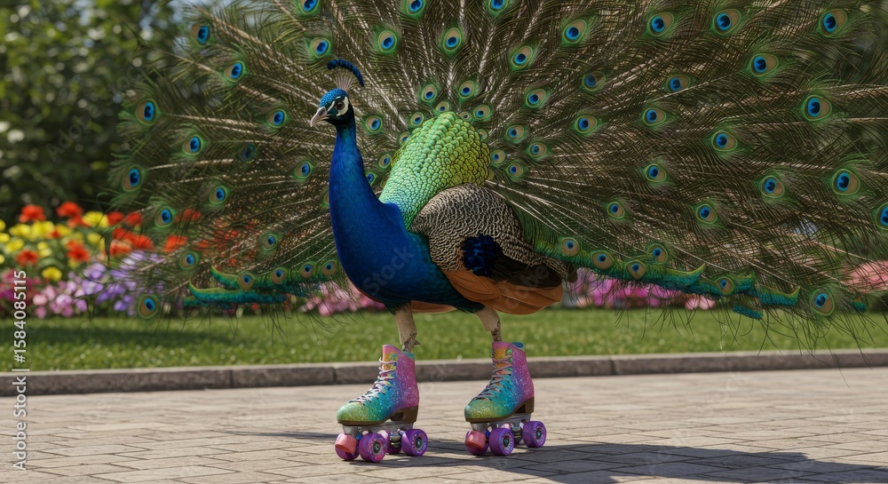 Obraz premium Peacock wearing colorful roller skates in a vibrant garden setting.