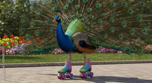 Peacock wearing colorful roller skates in a vibrant garden setting.