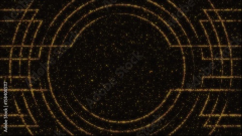Golden lights backdrop set, circular border frame, abstract lines, 8 -second seamless loop video animation, flashing light bulb, wall of lights motion graphics.