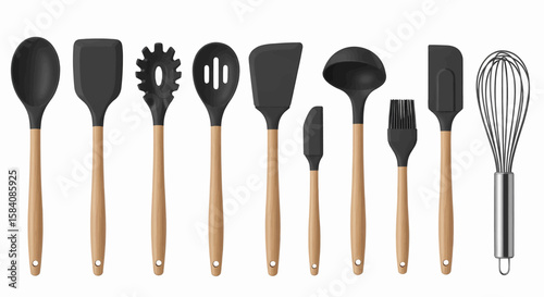 Essential kitchen utensils set for modern cooking, featuring stylish design with wooden handles