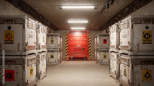 Inside a Secret Underground Bunker Filled with Marked Containers and a Red Door Access