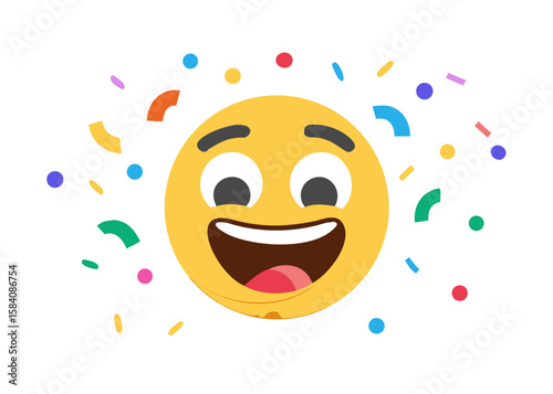 PNG Happy smiling emoji face with colorful confetti celebration background
