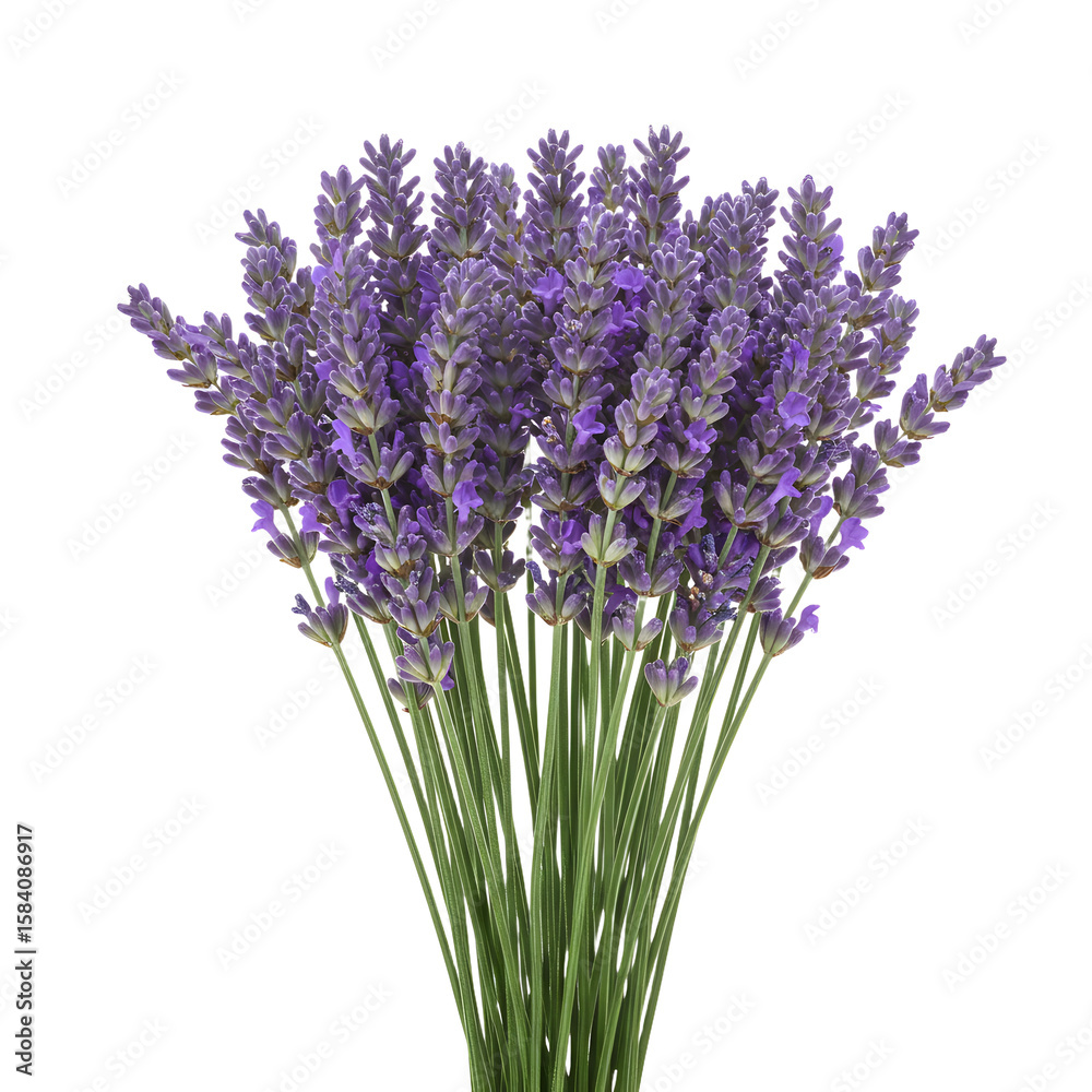 Obraz premium A fragrant bouquet of beautiful purple lavender flowers with green stems, carefully arranged and isolated on a clean white background for botanical concepts.