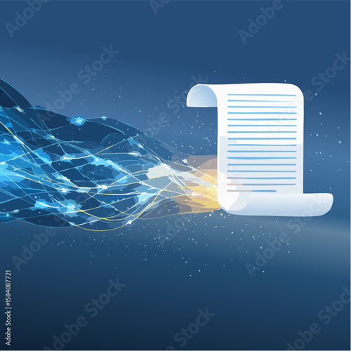 Digital document and code flow vector with blue glow, floating paper, and data particle on dark background. Ideal for tech, AI, cloud, or data transfer themes