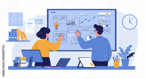 Business Team Analyzing Data on Whiteboard Vector Illustration.