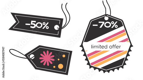 Sale discount tags vector graphic design for promotional marketing and retail advertising campaigns use, now on sale