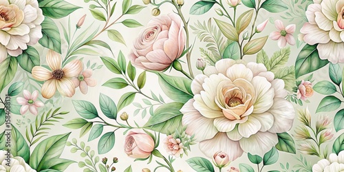 Elegant Watercolor Floral Pattern Featuring Delicate Roses and Lush Greenery in Soft Pastel Hues