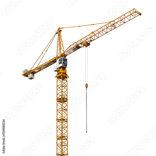 Industrial yellow tower crane with a lifting hook and jib. Heavy machinery for building construction sites, isolated on a white background.