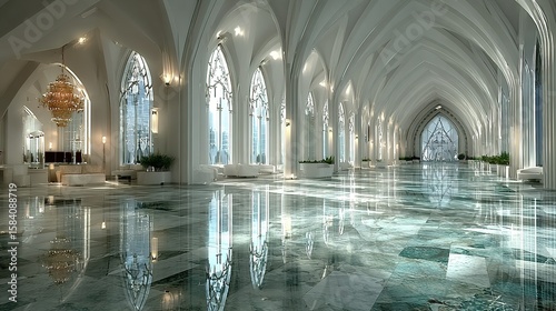 A grand, white architectural hall with a polished stone floor.