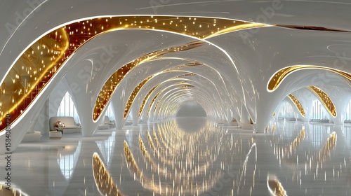 Sleek, modern architectural hall with golden accents.