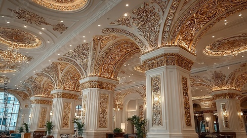 Ornate gold and white interior design in a grand hall.