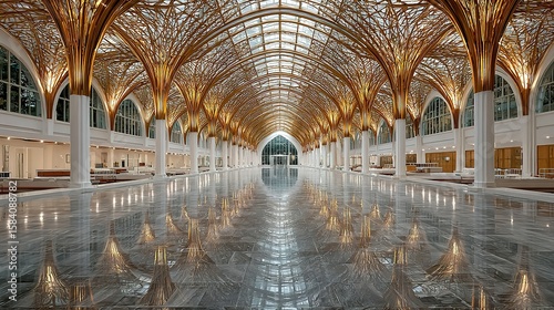 Grand hall with a decorative gold ceiling structure.