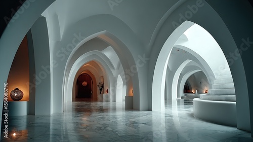 A spacious, arched hallway with a polished floor.
